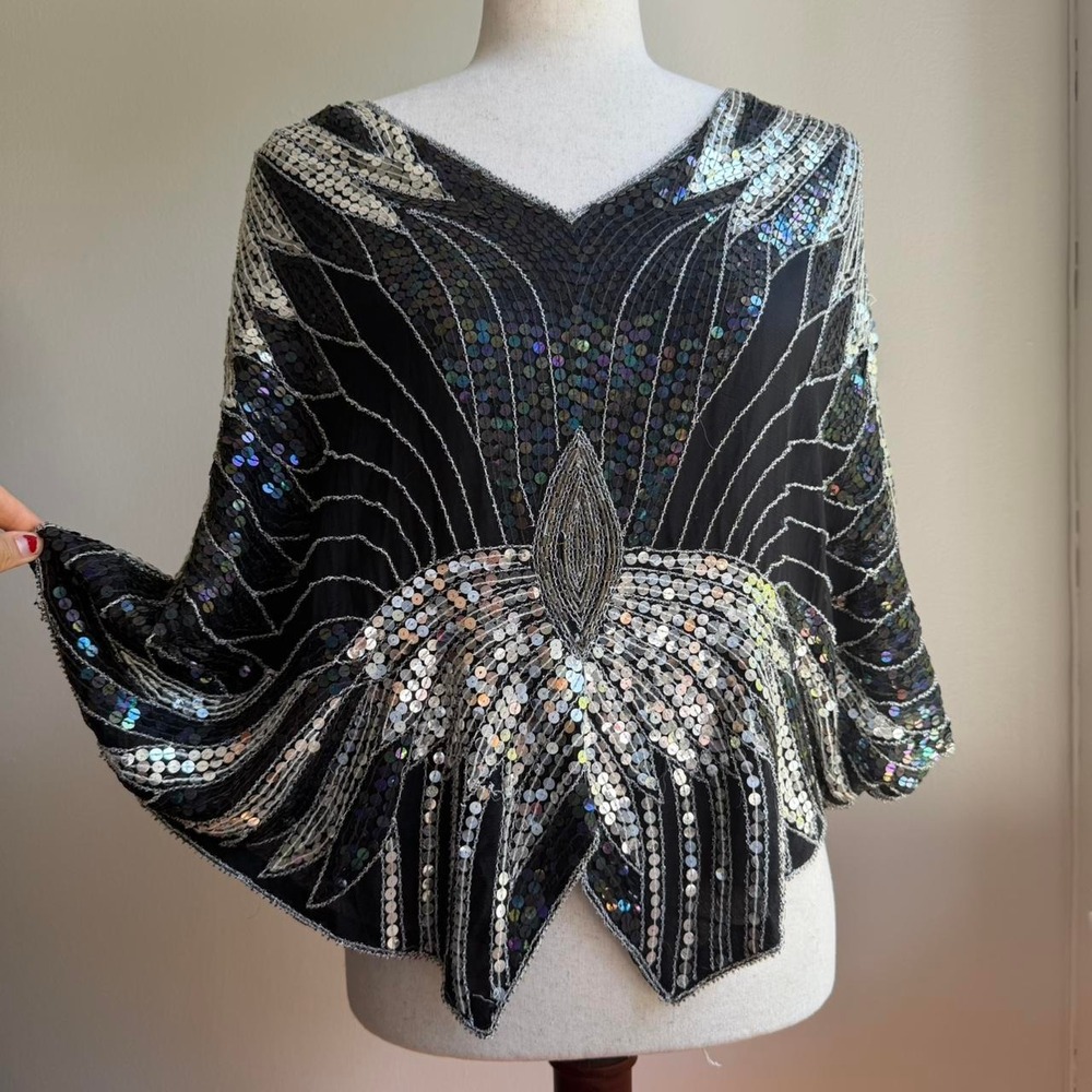 Vintage Y2K Butterfly Sequin 100% Silk Poncho Beaded Top Black Silver OS